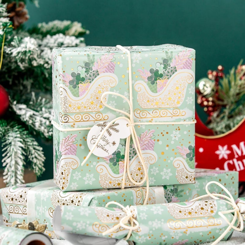 Retrify Light Green Wrapping Paper Roll - Metallic Gold Foil Cute Sleigh Carrying Gift Box Pattern Mini Roll Gift Wrap Paper for Christmas Holiday Festive Decoration - 17 Inches x 32.8 Feet - Image 3